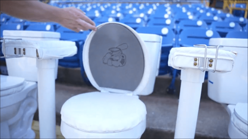 One of the eight thrones on "Roto-Rooter Toilet Row" at the Lake County Captains stadium.