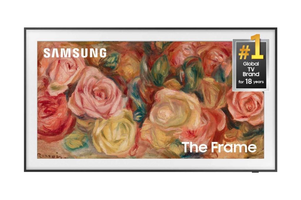 A Samsung Frame TV with a floral scene on its screen