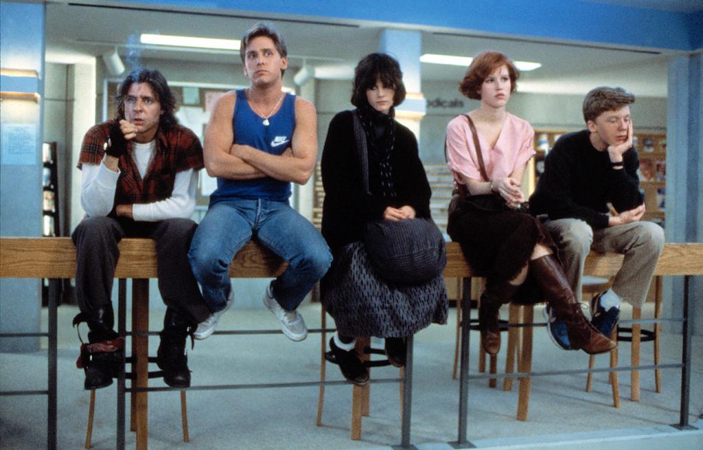 The cast of "The Breakfast Club": Judd Nelson, Emilio Estevez, Ally Sheedy, Molly Ringwald and Anthony Michael Hall, sitting side by side