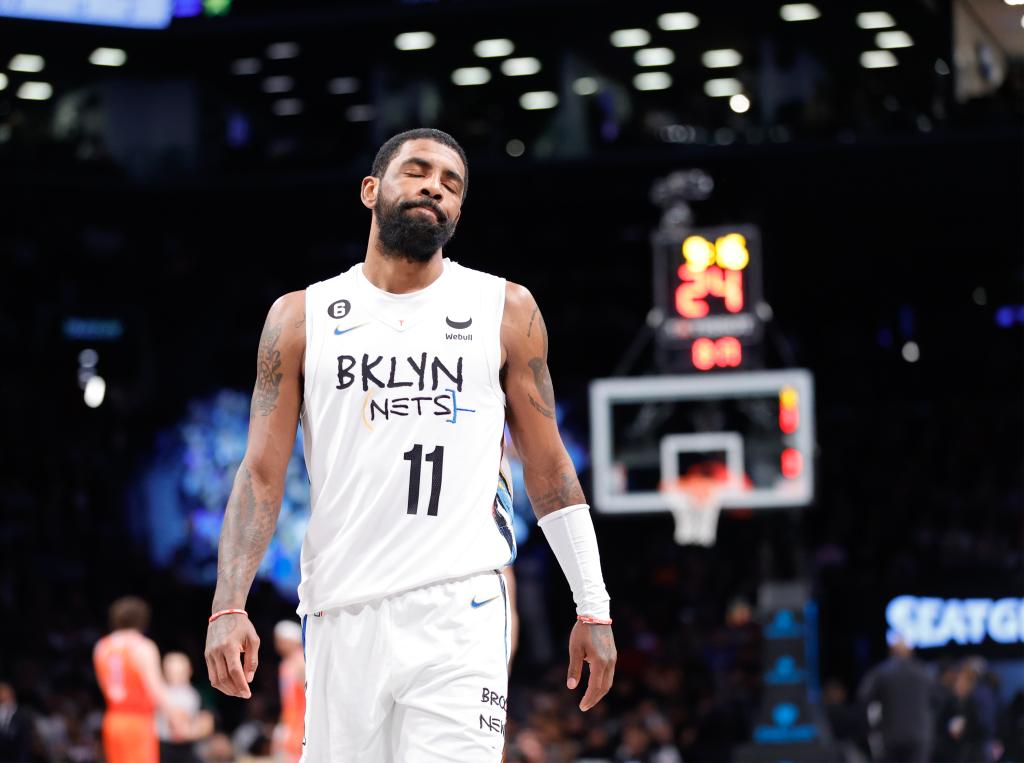 Brooklyn Nets guard Kyrie Irving reacts on the court during game action against the Oklahoma City Thunder in the first half at the Barclays Center in Brooklyn, New York, Sunday, January 15, 2023. 