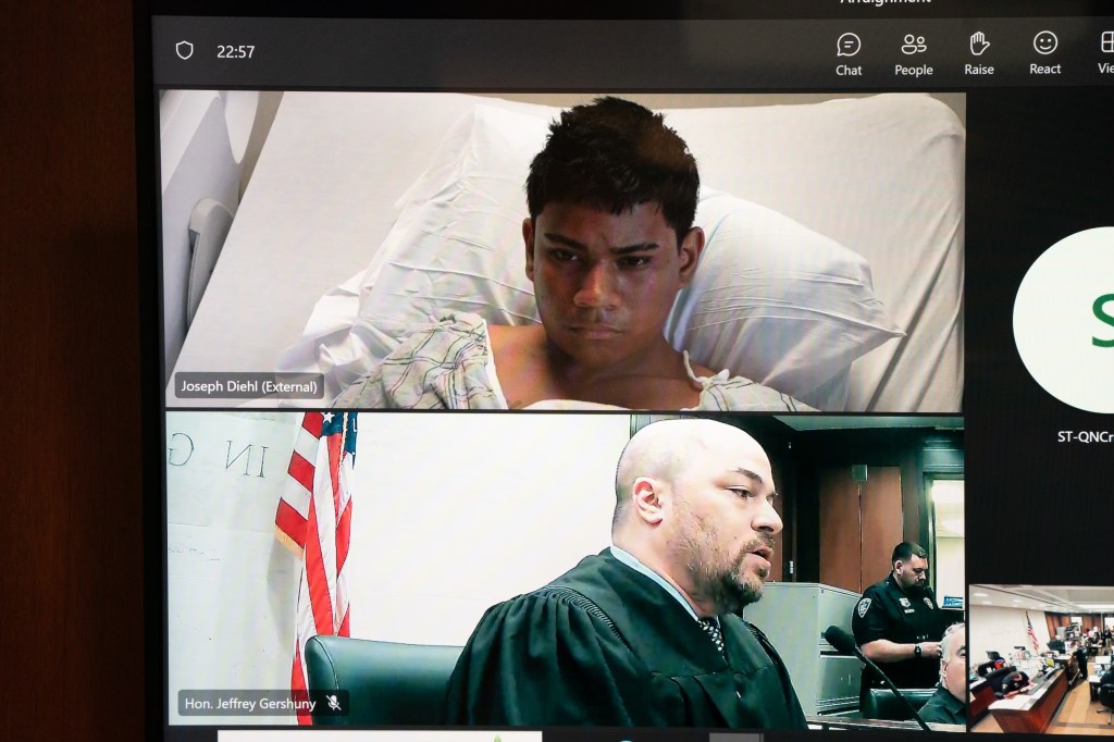 A criminal defendant, Bernardo Mata, appears from a hospital bed by video.