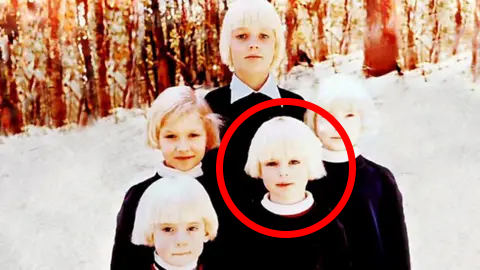 Child survivor Ben Shenton as a blonde child with bowl cut, often mistaken for young Julian Assange, alongside his current image