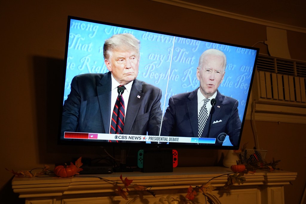 A general view of the first presidential debate between President Donald Trump and Joe Biden as seen on a living room television in Hawthorne, NJ on September 29, 2020