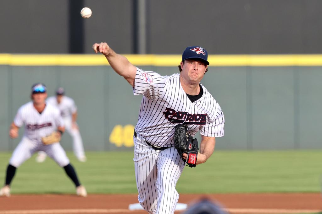 Gerrit Cole, New York Yankees pitcher, making a rehab start for the Somerset Patriots, pitching against the Hartford Yard Goats at TD Bank Ballpark.