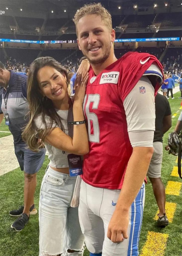 Christen Harper and Jared Goff after a Detroit Lions game.