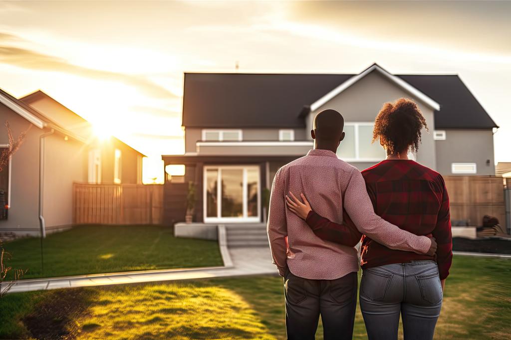 Happy African American couple embracing outside their new home