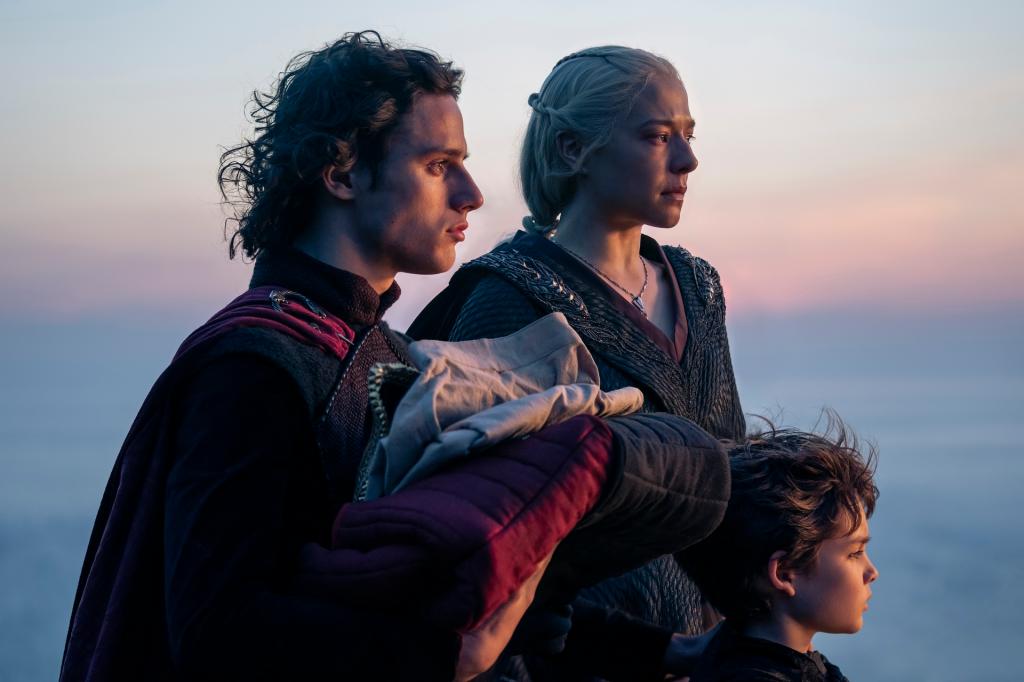 Rhaenyra (Emma D'Arcy) with Jace (Harry Collett) and her other son (Oscar Eskinazi). 