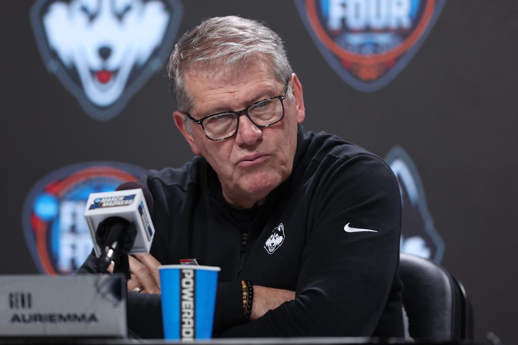 Geno Auriemma of the UConn Huskies speaks with the media after losing to the Iowa Hawkeyes in the NCAA Women's Basketball Tournament Final Four semifinal.