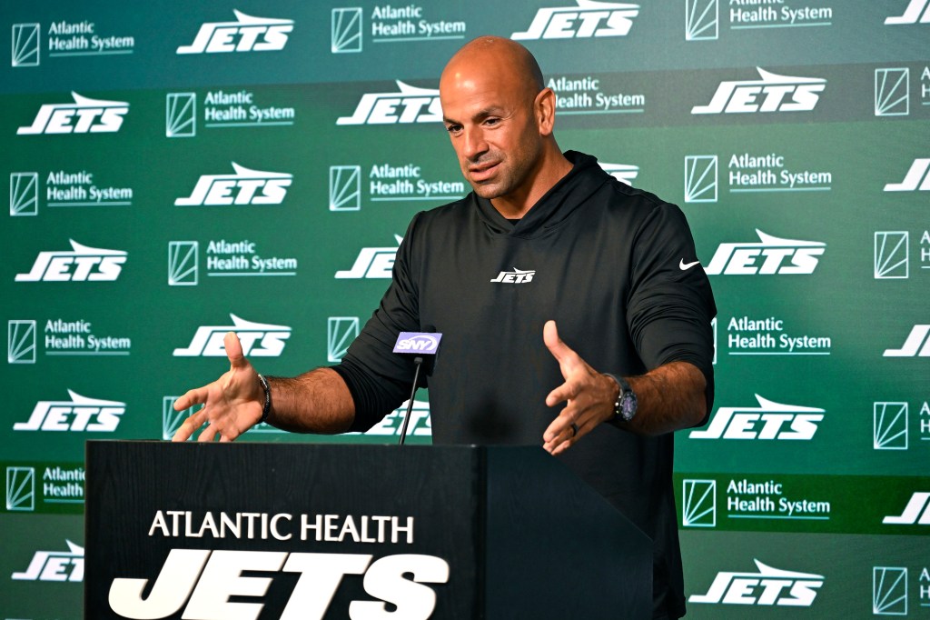 Robert Saleh speaks before Jets practice on June 12, 2024.