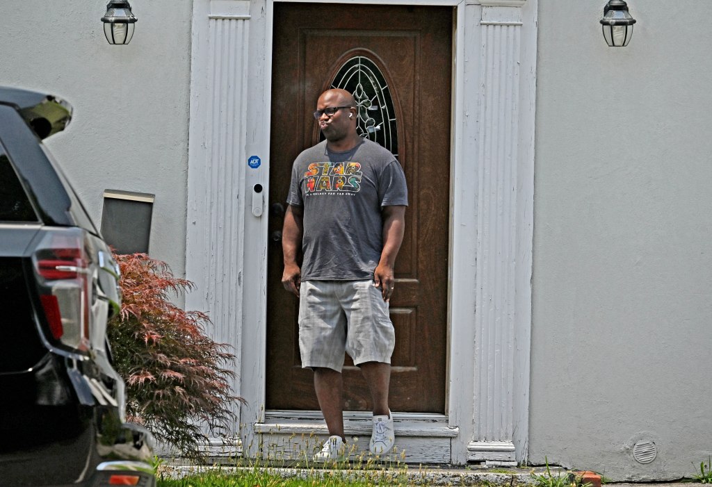 Picture of Jamaal Bowman leaving his home in Yonkers.