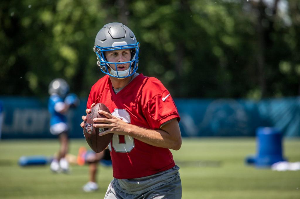 Lions quarterback Jared Goff practices his throw during the organized team activities in Allen Park on Thursday, May 23, 2024.