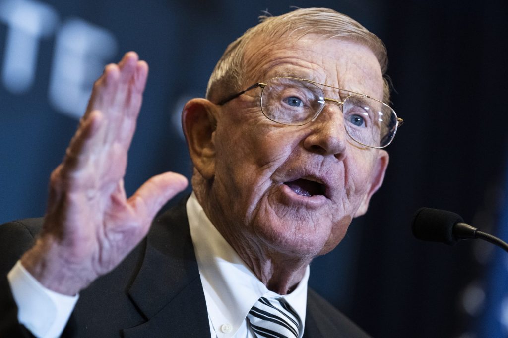 Lou Holtz, former Notre Dame football coach, addresses the America First Policy Institute's America First Agenda Summit at the Marriott Marquis on Tuesday, July 26, 2022