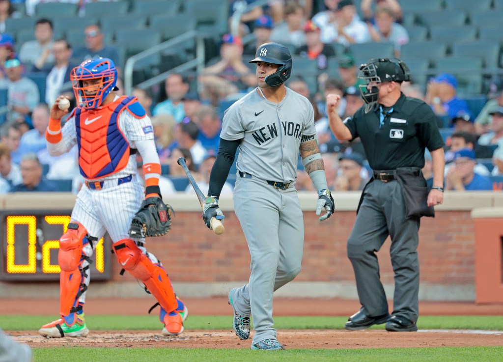 Gleyber Torres reacts after striking out with the bases loaded in the first inning on Tuesday.