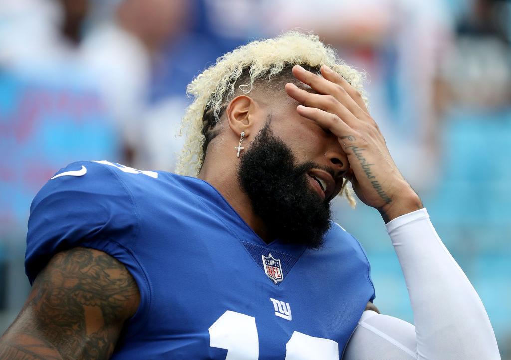 Odell Beckham Jr #13 of the New York Giants reacts against the Carolina Panthers in the first half during their game at Bank of America Stadium on October 7, 2018 in Charlotte, North Carolina. 