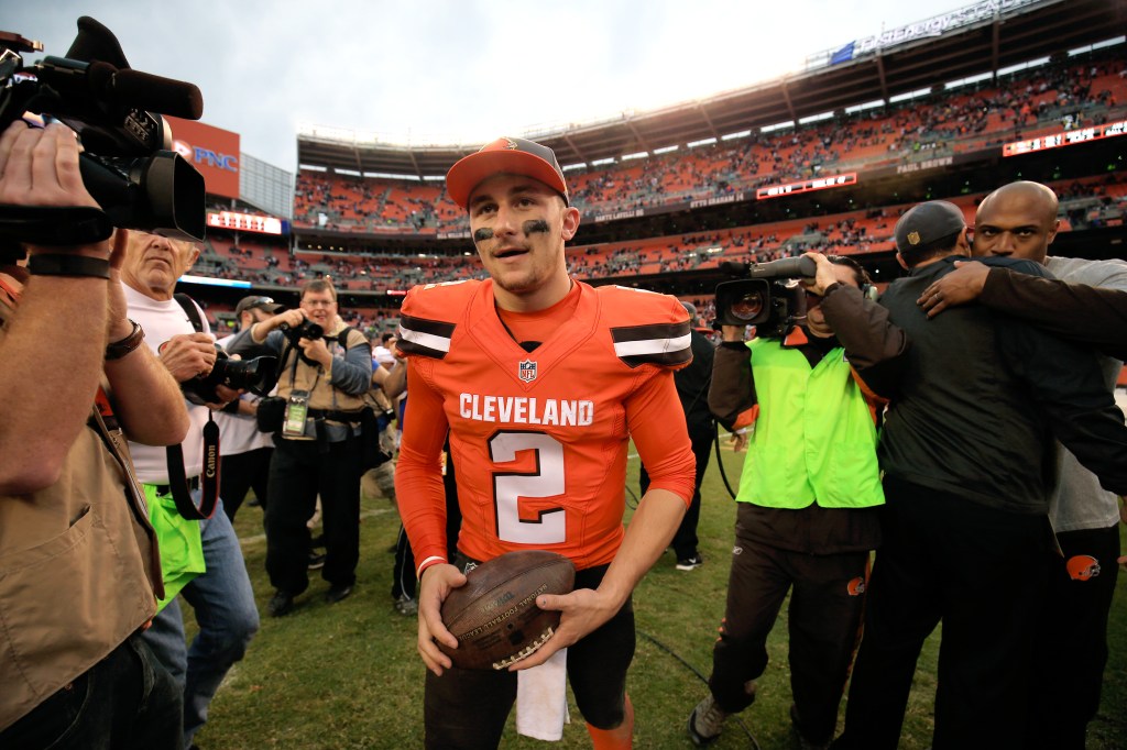 Quarterback Johnny Manziel #2 of the Cleveland Browns walks off the field after defeating the San Francisco 49ers 24-10 at FirstEnergy Stadium on December 13, 2015 in Cleveland, Ohio.  