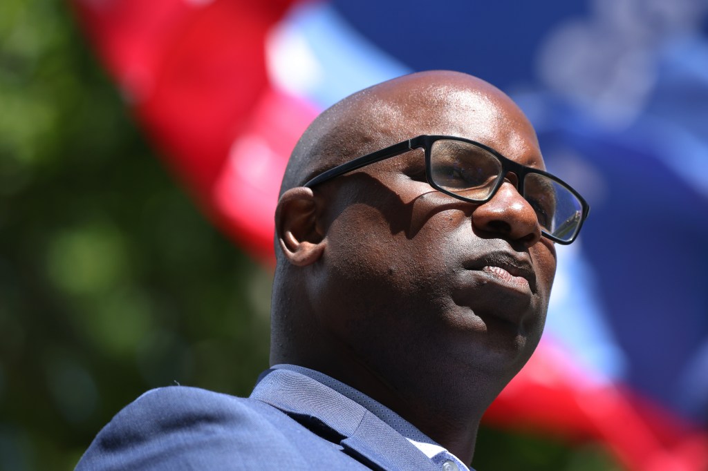 Rep. Jamaal Bowman watching Rep. Ayanna Pressley speaking at a Get Out the Vote campaign event in Mount Vernon, New York