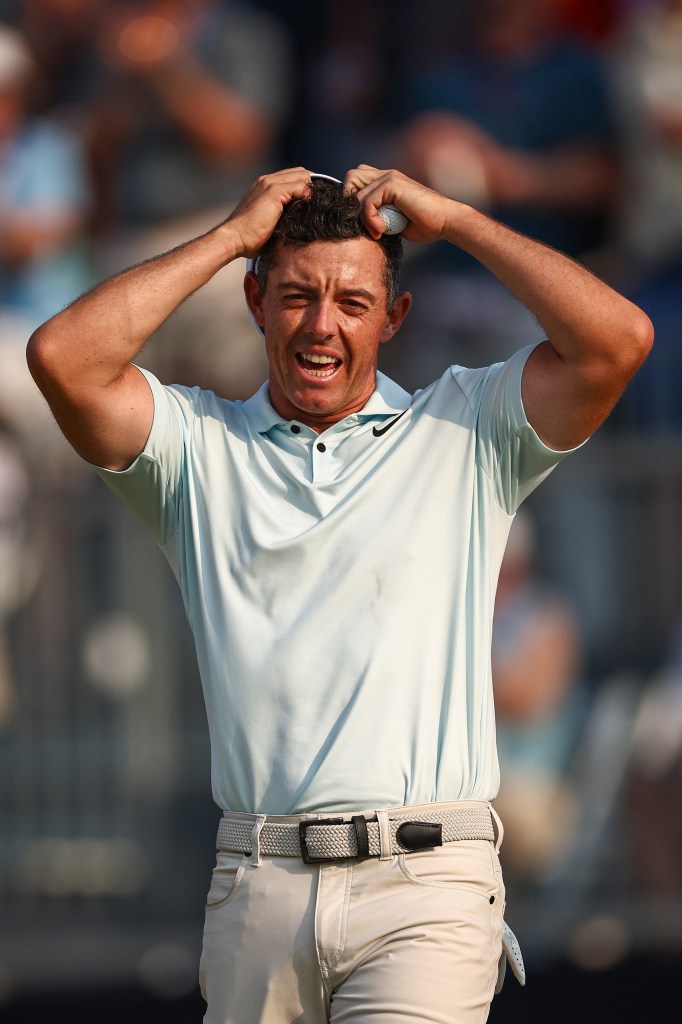 Rory McIlroy of Northern Ireland reacts after finishing the 18th hole during the final round of the 124th U.S. Open at Pinehurst Resort on June 16, 2024 in Pinehurst, North Carolina. 
