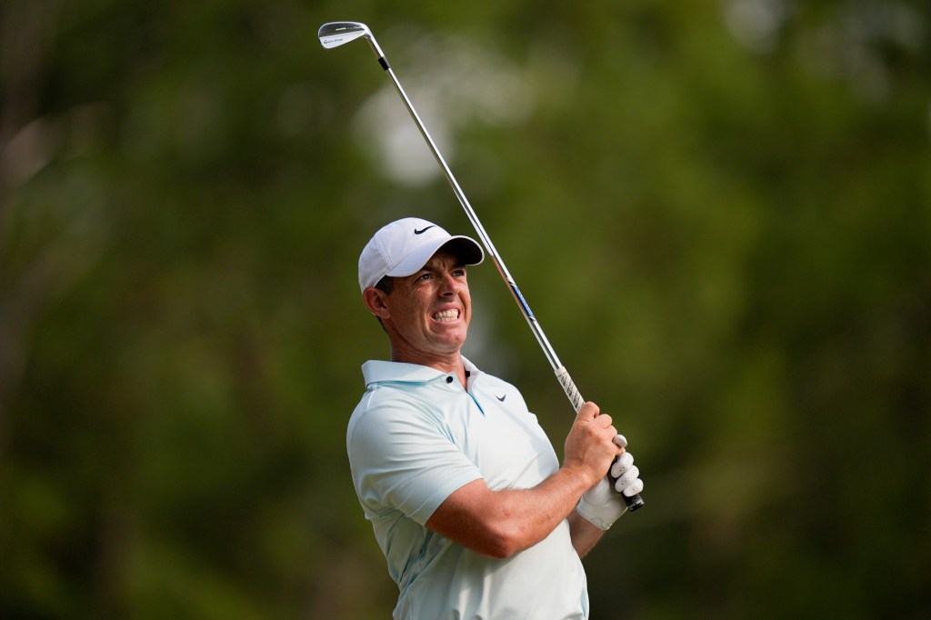 Rory McIlroy reacts to his tee shot during the final round of the U.S. Open on June 16, 2024.