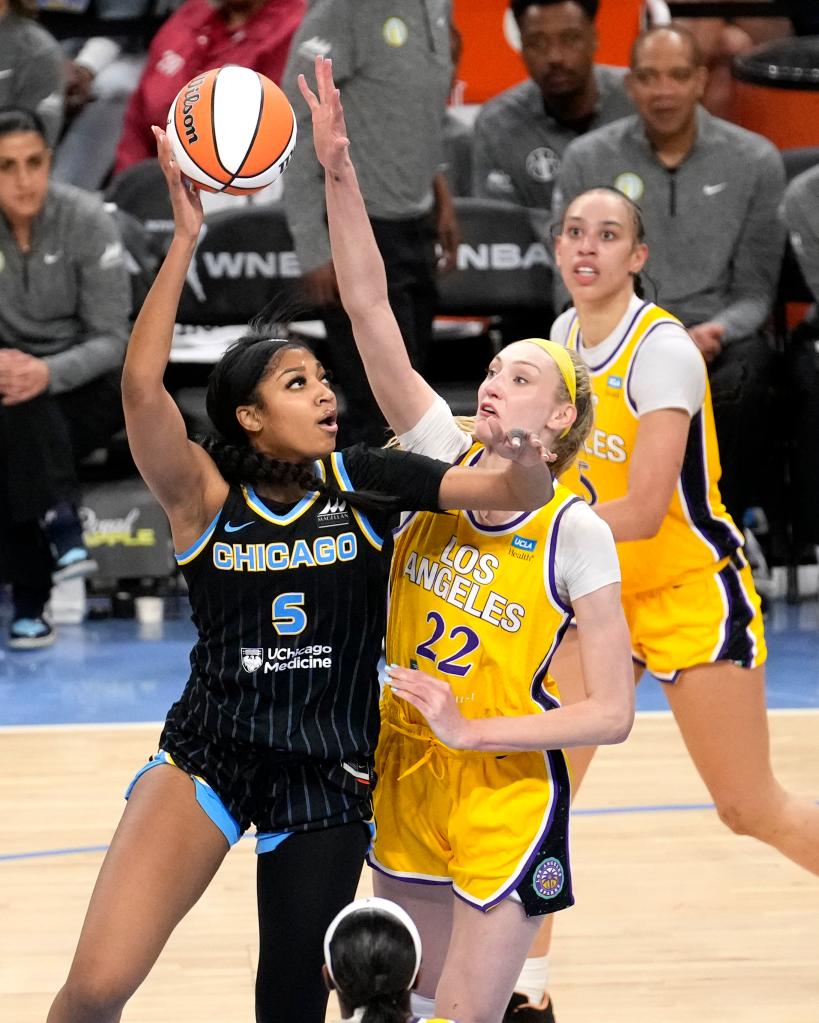 Angel Reese shoots over Cameron Brink during the second half of a WNBA basketball game Thursday, May 30, 2024.