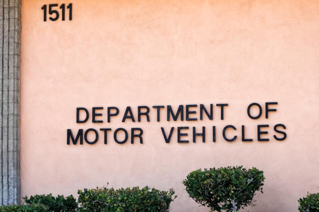 A view of a sign for the Department of Motor Vehicles in Los Angeles, California.