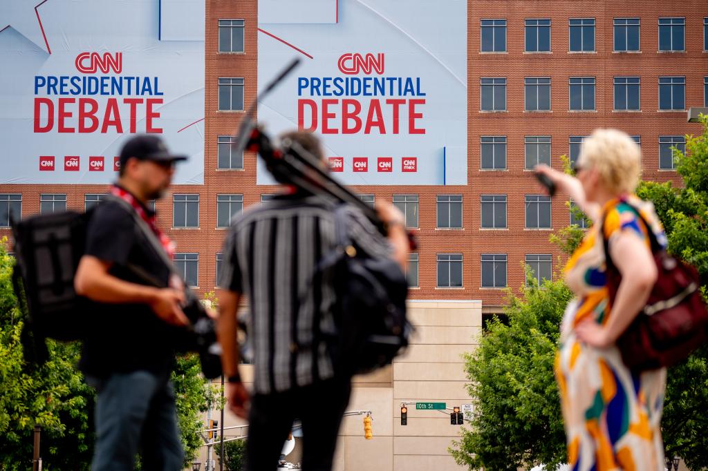 Signage for a CNN presidential debate is seen outside of their studios at the Turner Entertainment Networks on June 27, 2024 in Atlanta, Georgia