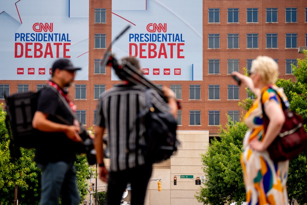 Signage for a CNN presidential debate is seen outside of their studios at the Turner Entertainment Networks on June 27, 2024 in Atlanta, Georgia