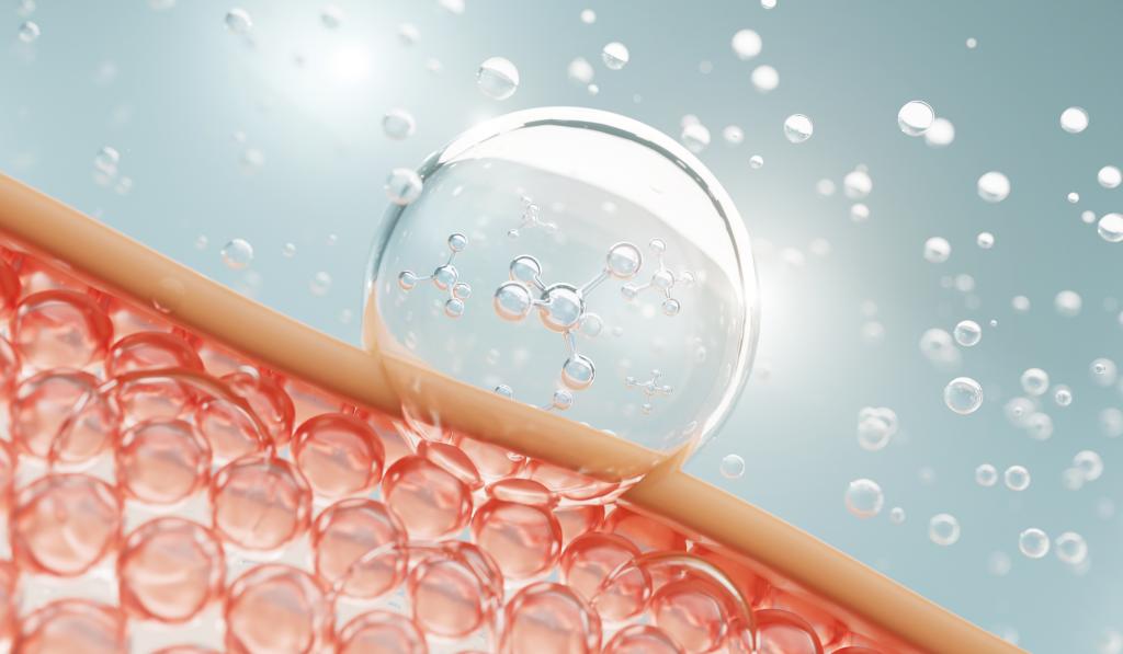 3D rendering of molecules inside a collagen bubble, illustrating the concept of skin care cosmetics solution, against a soft color background