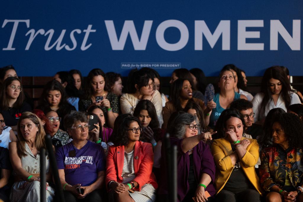 Supporters waiting in a crowd for U.S Vice President Kamala Harris to discuss reproductive rights in Phoenix, Arizona on June 24, 2024