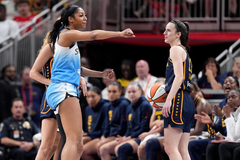 Chicago Sky forward Angel Reese reacting after fouling Indiana Fever guard Caitlin Clark on June 16, 2024.