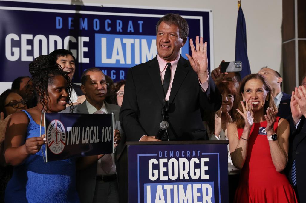 Westchester County Executive George Latimer speaks to supporters after winning his race against Democratic incumbent Representative Jamaal Bowman in the 16th Congressional District of New York's Democratic primary.