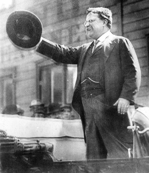 Presidential candidate and former president Theodore Roosevelt speaks from a car in Milwaukee on Oct 14, 1912, shortly before being shot by a would-be assassin. 