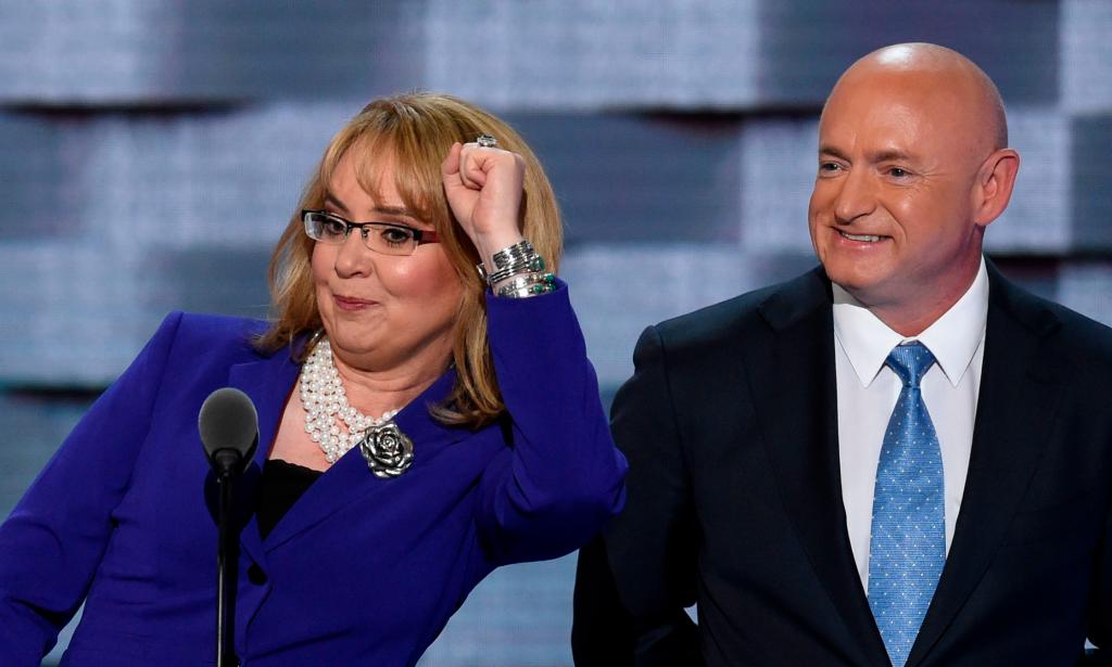 Former Arizona representative Gabby Giffords and former astronaut Mark Kelly address the third evening session on Day 3 of the Democratic National Convention at the Wells Fargo Center in Philadelphia, Pennsylvania