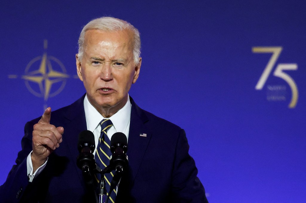 U.S. President Joe Biden speaks at a NATO event to commemorate the 75th anniversary of the alliance.