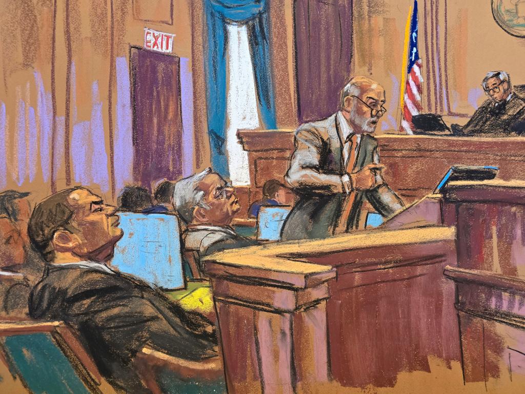 A courtroom sketch of attorney Lawrence Lustberg giving his closing argument as co-defendants Wael Hana looks and Mendnez watch on July 10, 2024.