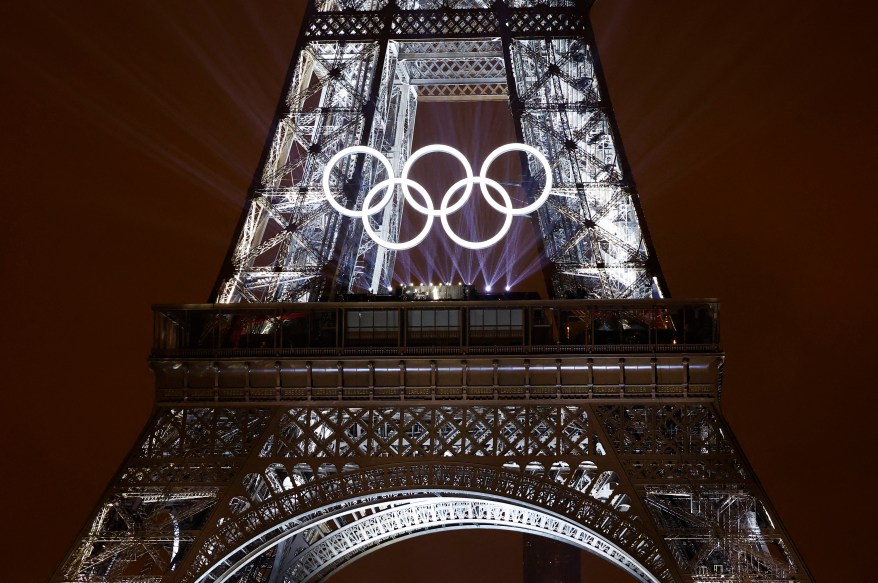 Celine Dion performs on the Eiffel Tower.