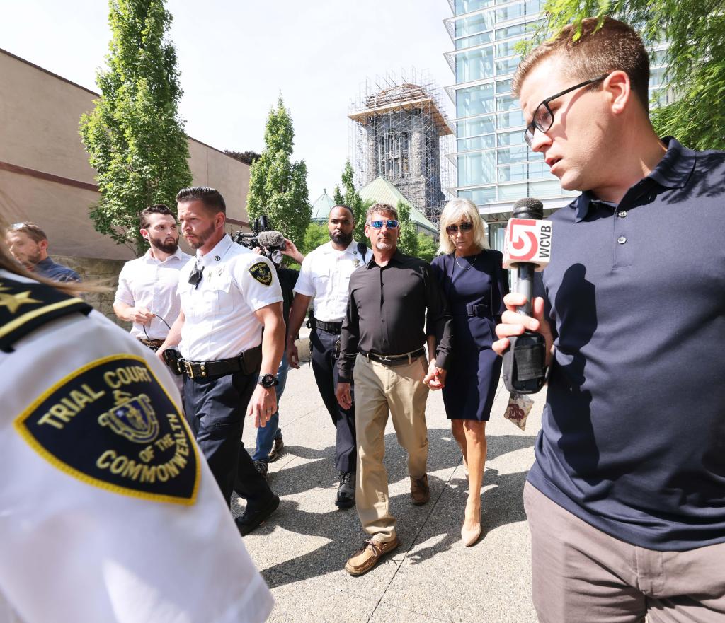 Taunton Mayor Shaunna O'Connell leaves Taunton District Court Monday, July 22, 2024, with her husband Ted O'Connell. 