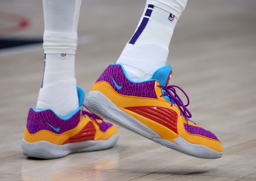 Shoes of Kevin Durant #35 of the Phoenix Suns during a 124-108 win over the LA Clippers at Crypto.com Arena on April 10, 2024 in Los Angeles, California.