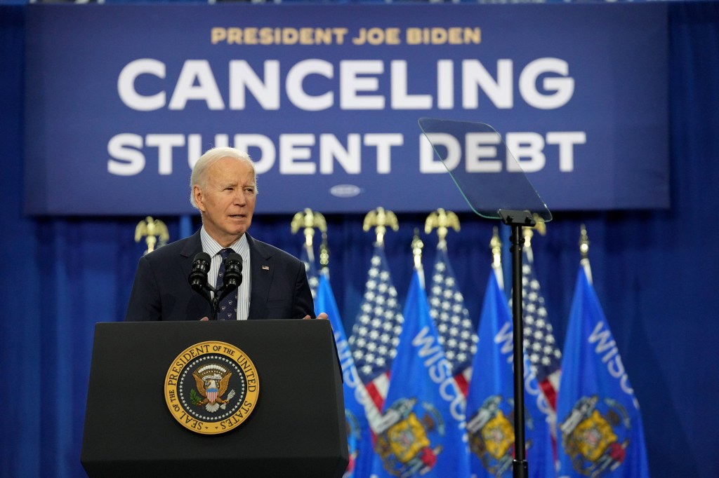 President Joe Biden speaks at Madison Area Technical College where he announced a new student loan forgiveness program on April 8, 2024.