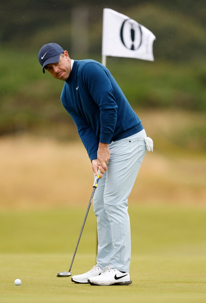 Rory McIlroy practices ahead of the Open Championship at Royal Troon Golf Club, Troon in Scotland, Britain on July 16, 2024. 
