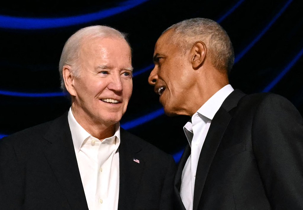 US President Joe Biden and former President Barack Obama in conversation at a campaign fundraiser at the Peacock Theater in Los Angeles, June 15, 2024