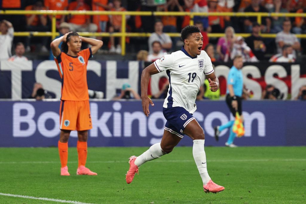 Ollie Watkins celebrates scoring the winning goal for England in the 90th minute on Wednesday against the Netherlands.