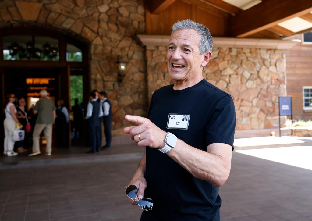 Bob Iger, CEO of The Walt Disney Company, arriving and pointing at the Allen & Company Sun Valley Conference on July 9, 2024 in Sun Valley, Idaho