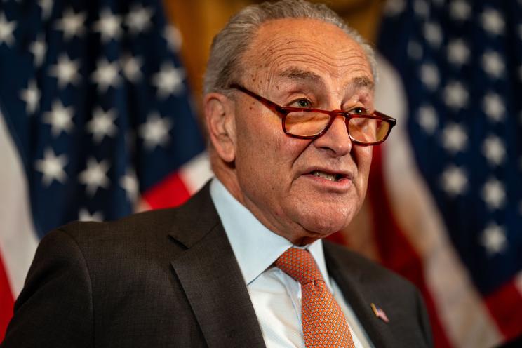 Senate Majority Leader Chuck Schumer endorsing Vice President Kamala Harris for the Democratic presidential nominee at a press conference on Capitol Hill