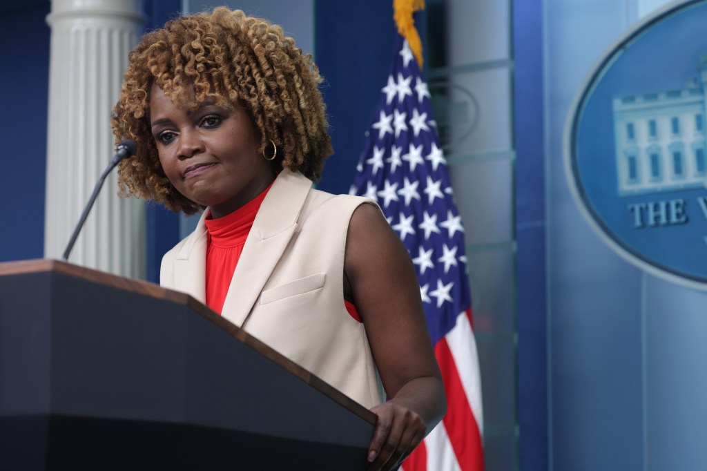 White House Press Secretary Karine Jean-Pierre speaks during a daily White House news briefing at the James S. Brady Press Briefing Room at the White House on July 3, 2024 in Washington, DC.