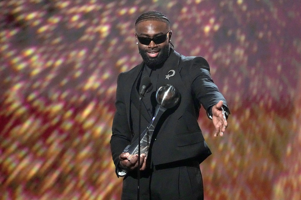 Jaylen Brown of the Boston Celtics speaks after receiving the Best Championship Performance award at the ESPY awards, Thursday, July 11, 2024, at the Dolby Theatre in Los Angeles. 