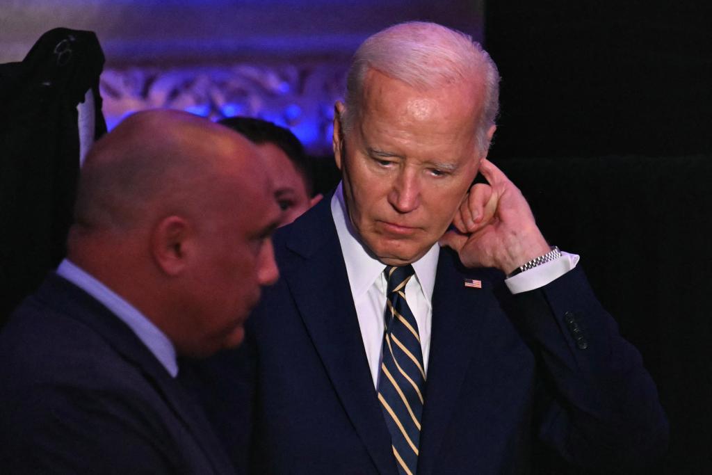 US President Joe Biden waits to take the stage to speak during the NATO 75th Anniversary Celebratory Event at the Mellon Auditorium in Washington, DC.