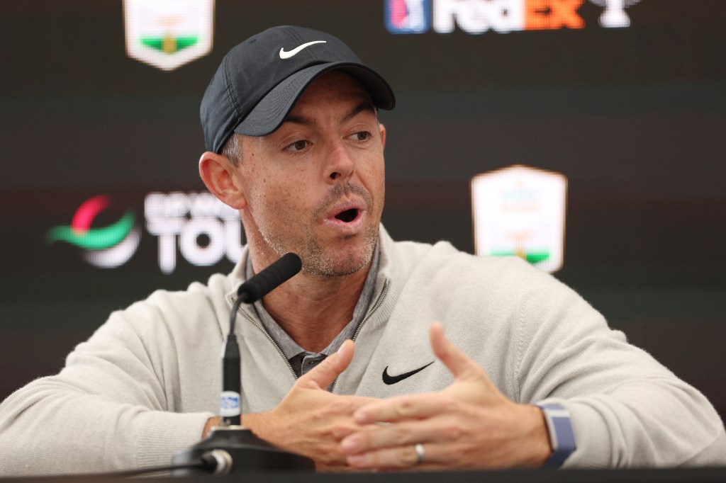 Rory McIlroy of Northern Ireland speaking at a press conference after the Pro-Am at the Genesis Scottish Open in North Berwick, Scotland