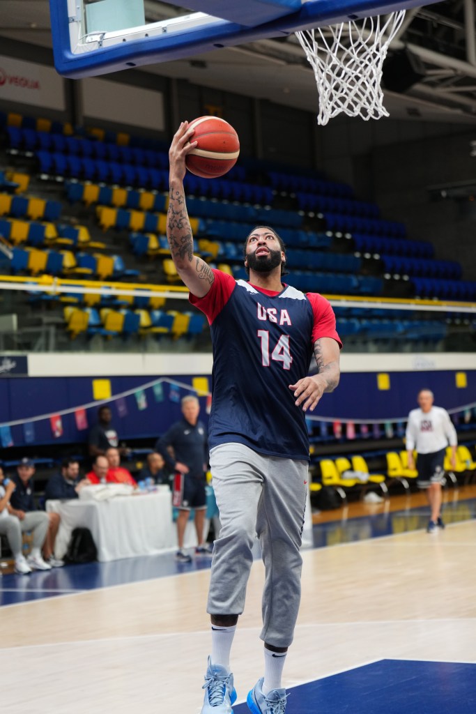 Anthony Davis #14 of the USA Men's National Team handles the ball during the USA Men's National Team practice at Palais des Sports Marcel-Cerdan on July 27, 2024 in Paris, France.