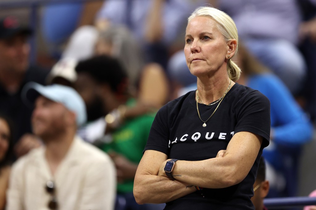 Rennae Stubbs observing the Women's Singles Third Round match between Serena Williams and Ajla Tomljanovic at the 2022 US Open with her arms crossed