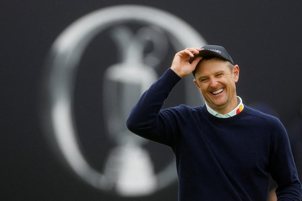 Justin Rose reacts on the 18th green Saturday after finishing his third round of the British Open.